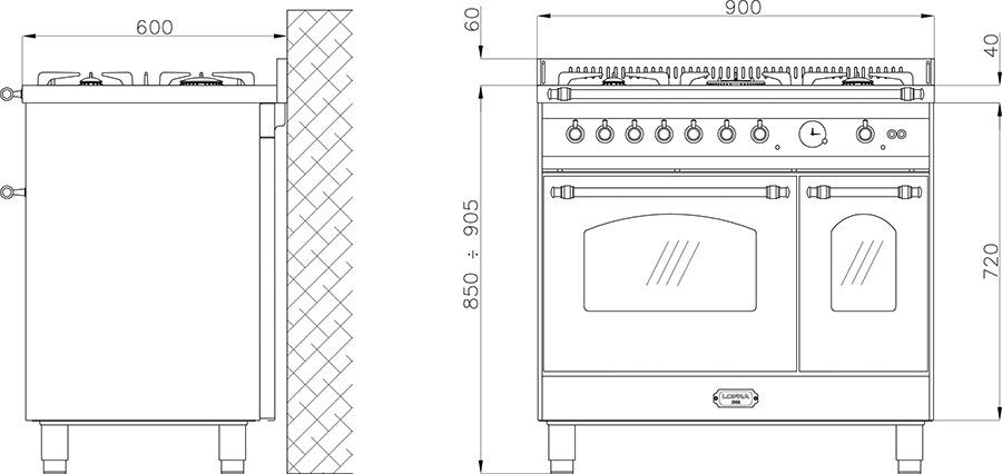 Lofra Dolcedvita 90 96MFTECI /GvGt Gas Dual Fuel Range Cooker 90cm Dimensions