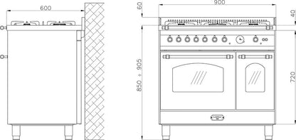 Lofra Dolcedvita 90 96MFTECI /GvGt Gas Dual Fuel Range Cooker 90cm Dimensions