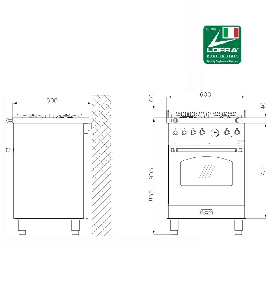 Lofra Dolcevita 60 RNM66 MFT/GV Dual Fuel Gas Range Cooker 60cm Dimensions