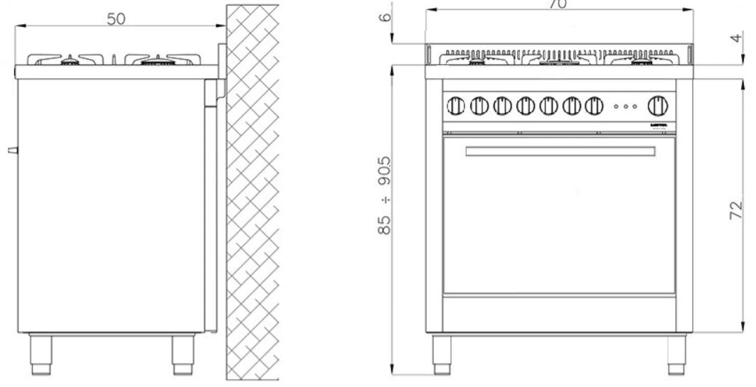 Dimensions of Lofra Maxima 70 M76MFC GV Polished Steel Gas Dual Fuel Range Cooker 70cm