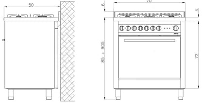 Dimensions of Lofra Maxima 70 M76MFC GV Polished Steel Gas Dual Fuel Range Cooker 70cm