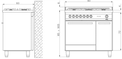 Dimensions - Lofra Maxima 90 MG96MF GV-C-CIS Gas Dual Fuel Range Cooker Polished Steel 90cm