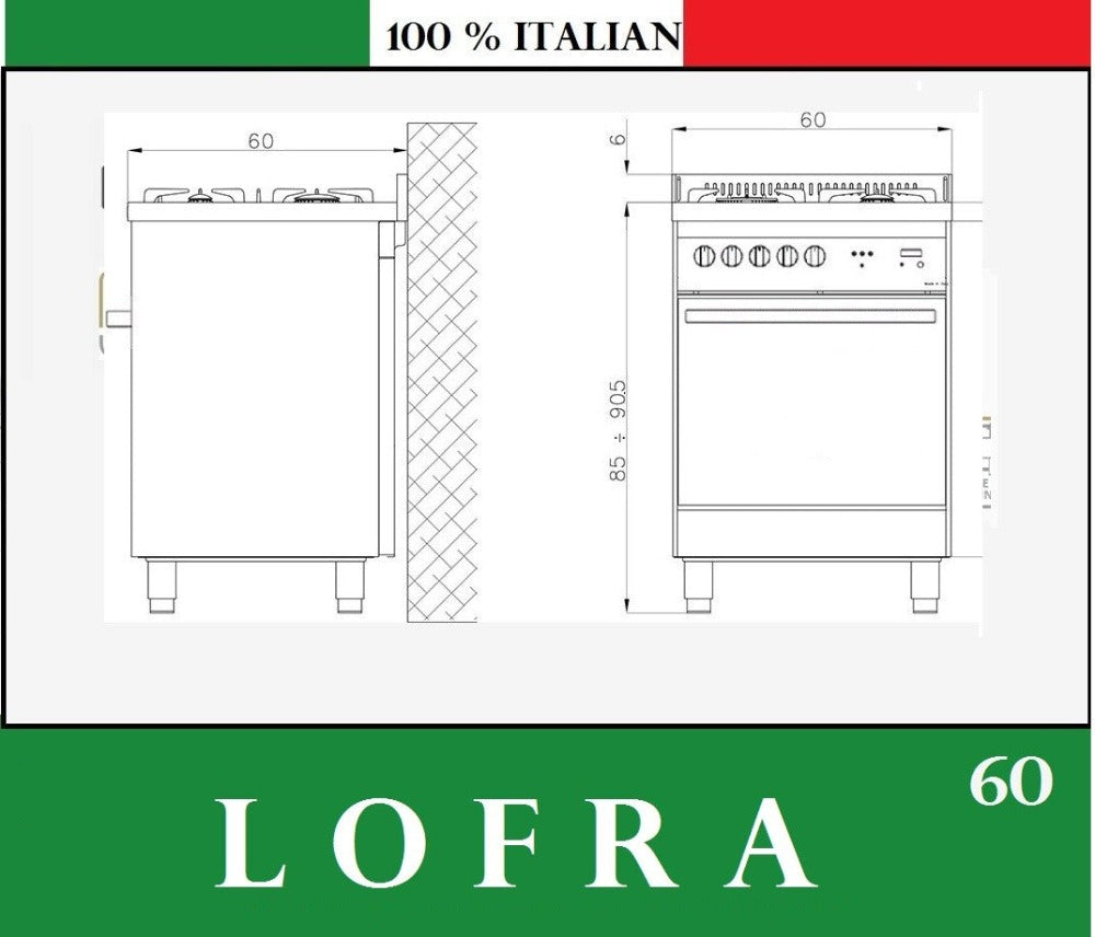 Dimensions for Lofra Rainbow 60 PB i66MFT /GVT C Black Dual Fuel Gas Range Cooker 60cm