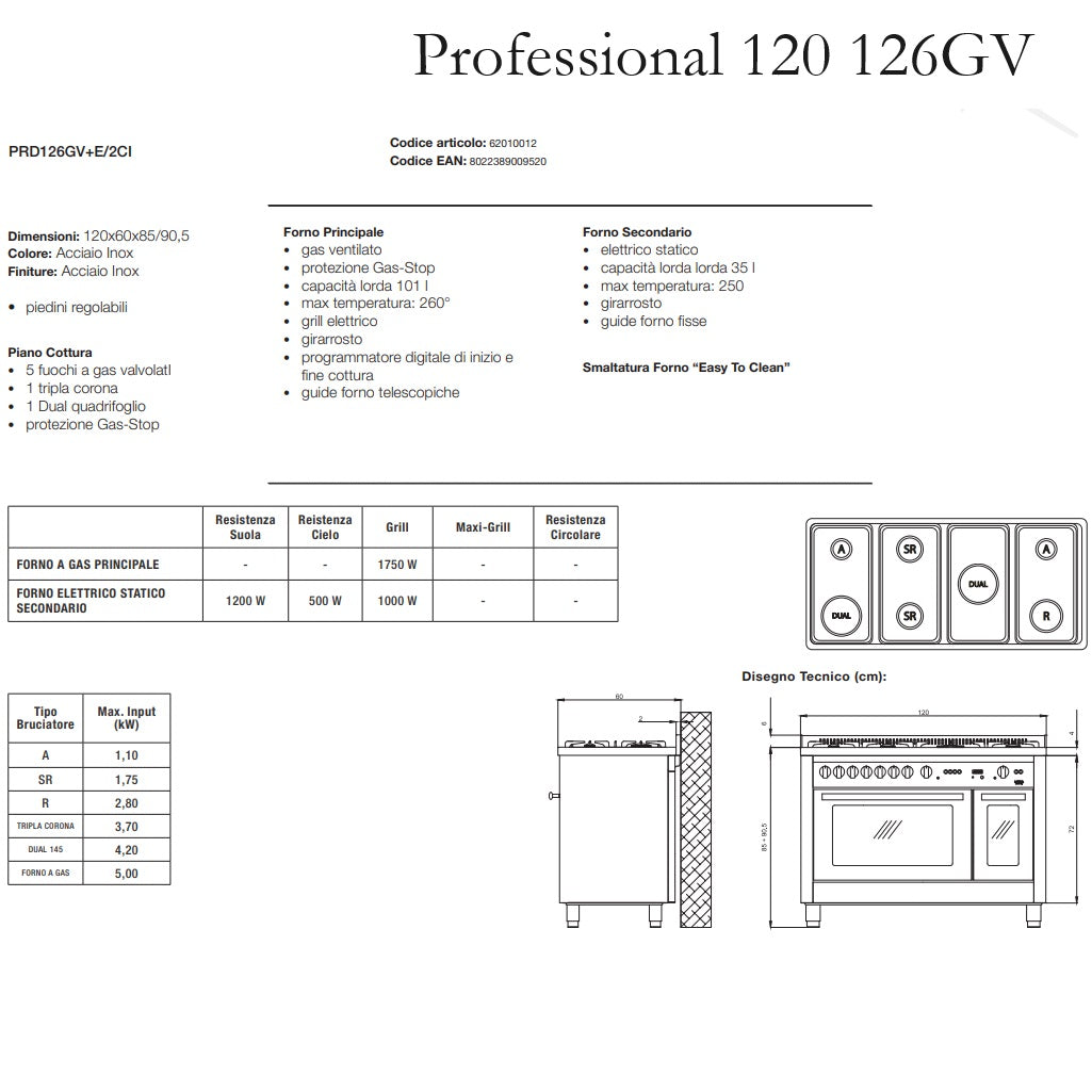 Lofra Professional 120 126GVGT/2CI Gas Dual Fuel Range Cooker 120cm