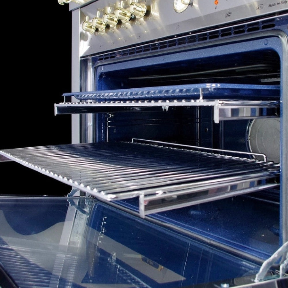 Telscopic Slide rails on the LOFRA VENEZIA PNMG96W-MFT C 90cm Gas Dual Fuel Italian Range Cooker