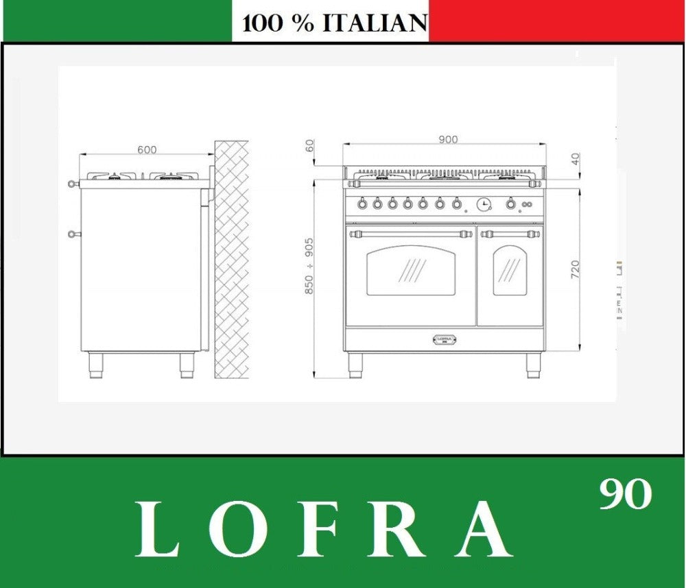 Dimensions of the LOFRA VENEZIA PNMG96W-MFT C 90cm Gas Dual Fuel Italian Range Cooker