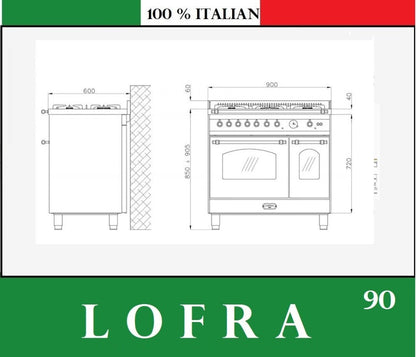 Dimensions of the LOFRA VENEZIA PNMG96W-MFT C 90cm Gas Dual Fuel Italian Range Cooker