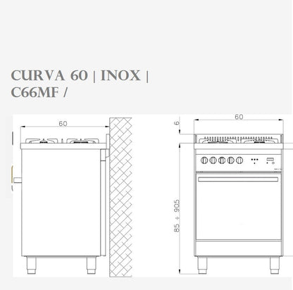 Dimensions Lofra Professional 60 P 66MFE/C GV Gas Dual Fuel Range Cooker 60cm