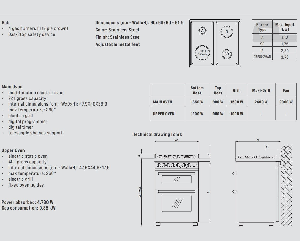 Specs of Lofra Professional 60 P 66MFE/C GV Gas Dual Fuel Range Cooker 60cm