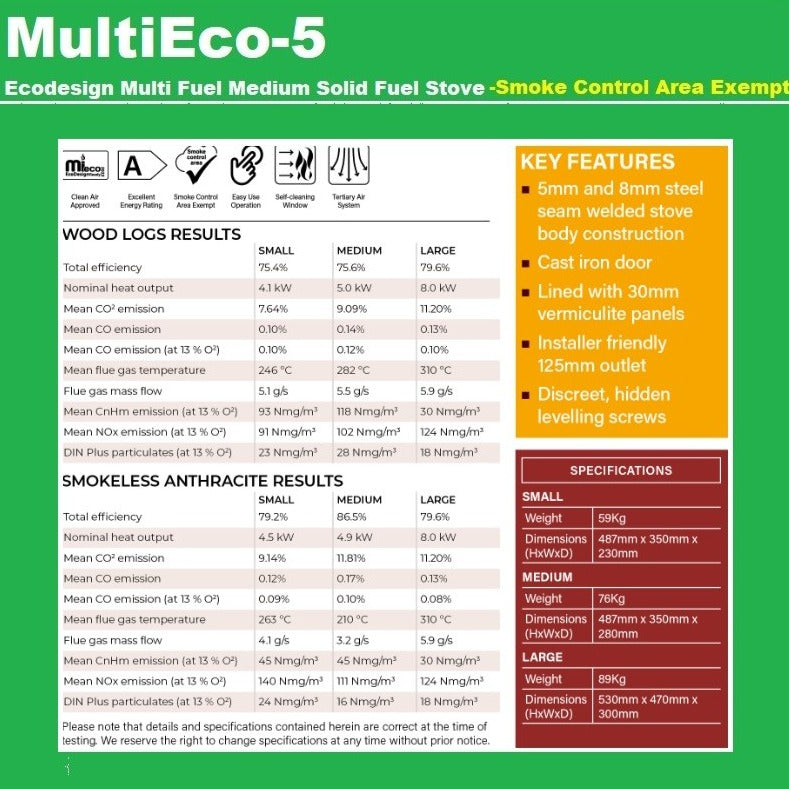 Specs on the Mi-Flue5 5kW Bundle Solid Fuel Stove and 5" Chimney Lining Kit Multi Fuel