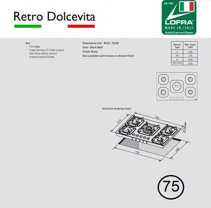 Lofra Dolcevita 75 HRS7AO BRS-BRN-CHR Retro 5 Burner Gas Hob 75cm Dimensions