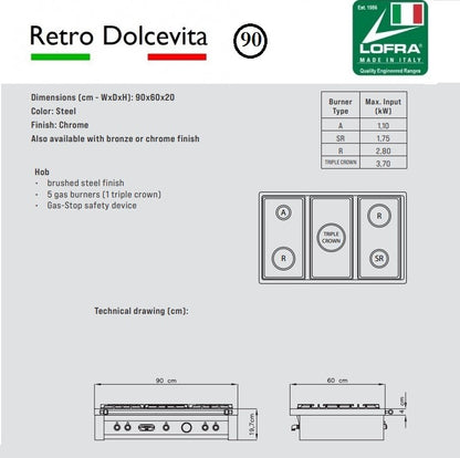 Lofra Dolcevita 90 Range Top TRS96/5 Stainless Gas Chef Top Range Cooker Hob 90cm