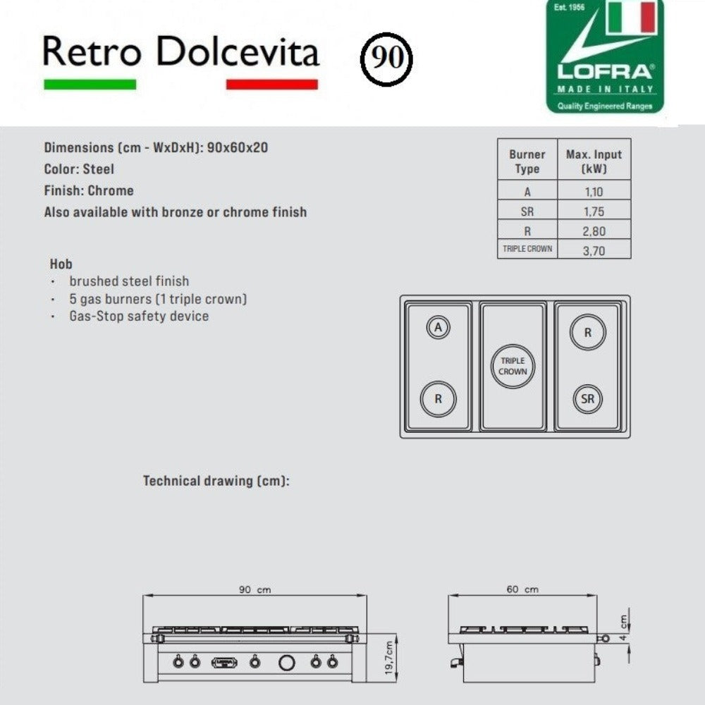 Specs on thr Lofra Dolcevita 90 Range Top TRBI96/5 Cream Gas Chef Top Range Cooker Hob 90cm