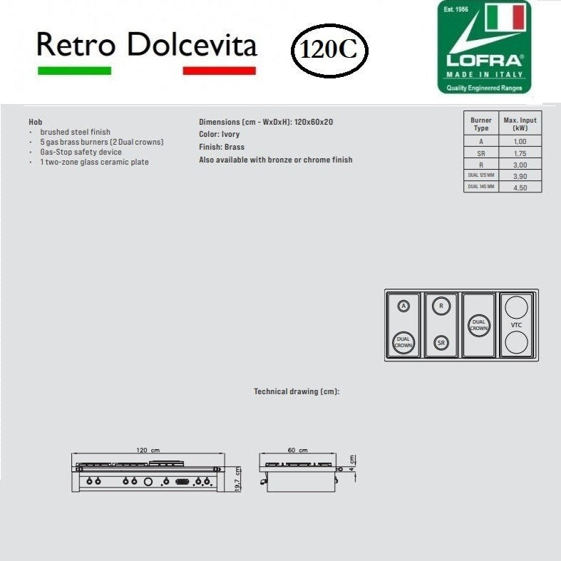 Specs  of the Lofra Dolcevita 120 Range Top TRS1265/C Stainless Gas Chef Top Range Style Hob 120cm