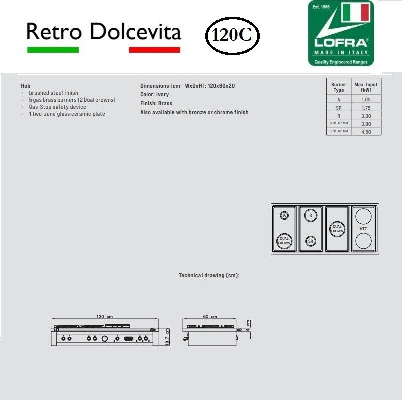 Specs on the Lofra Dolcevita 120 Range Top TRNM126/5C  Black Gas Chef Top Range Style Hob 120cm