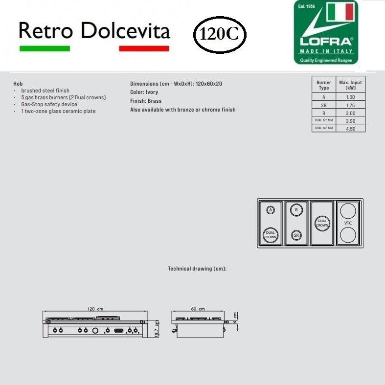 Specs on the Lofra Dolcevita 120 Range Top TRNM126/4BC Black Gas Chef Top Range Style BBQ Hob 120cm