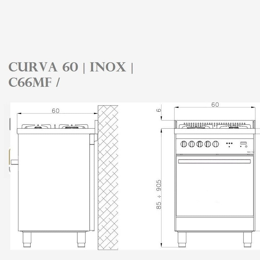 Dimensions of Lofra Professional P 66MF/C GV/C Stainless Gas Dual Fuel Range Cooker 60cm