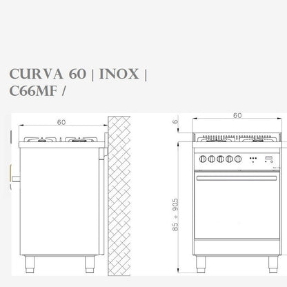 Dimensions of Lofra Professional P 66MF/C GV/C Stainless Gas Dual Fuel Range Cooker 60cm