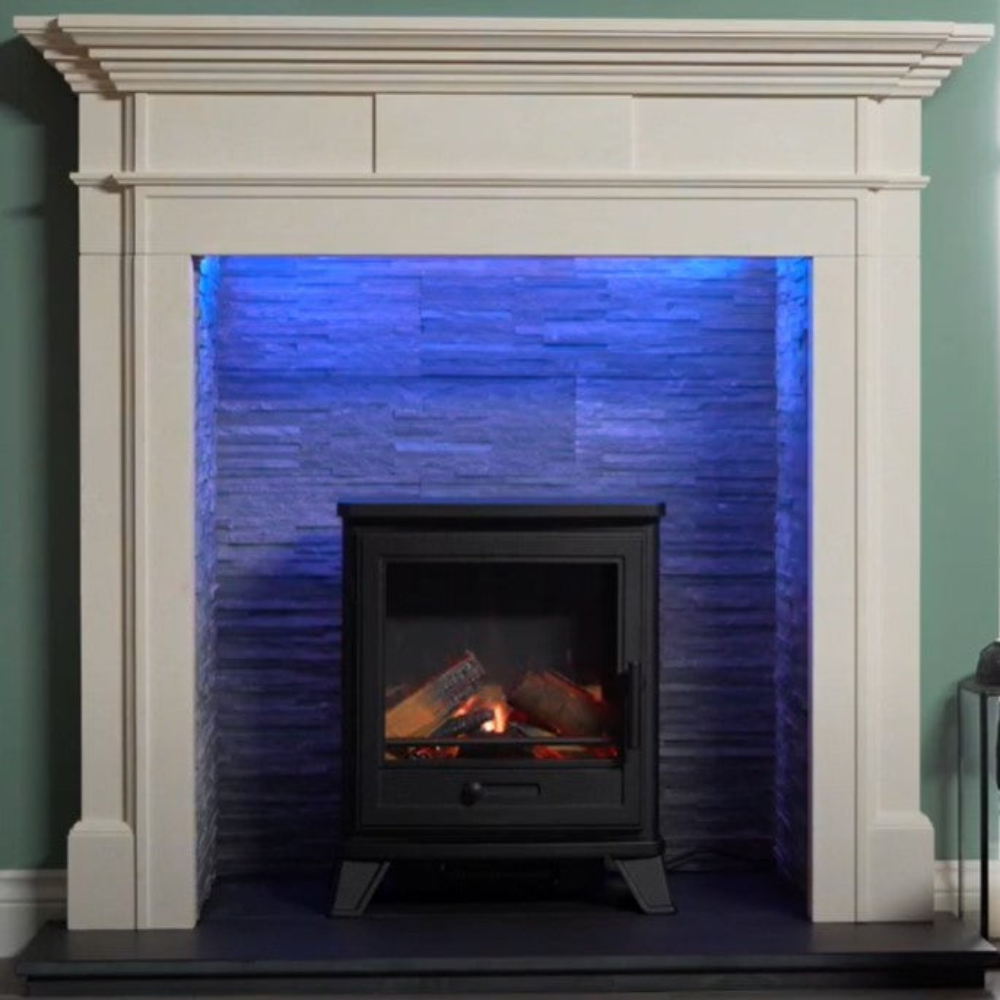 Penman Electric Stove Suite, Log Stove, Log Box and 90° Decorative Flue Pipe