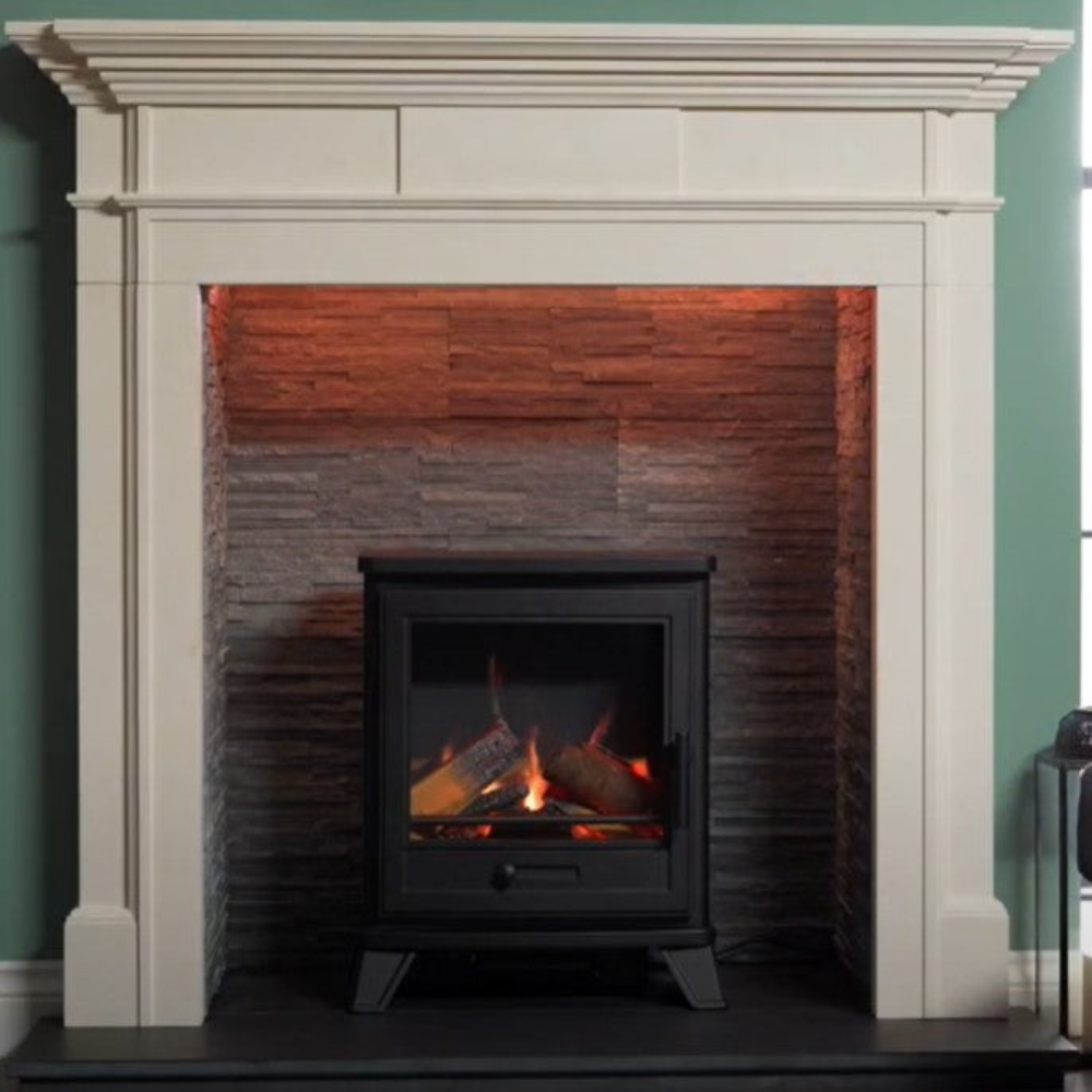 Penman Electric Stove Suite, Log Stove, Log Box and 90° Decorative Flue Pipe