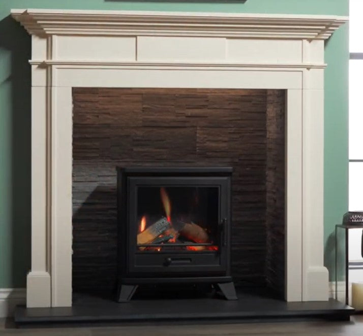 Penman Electric Stove Suite, Log Stove, Log Box and 90° Decorative Flue Pipe