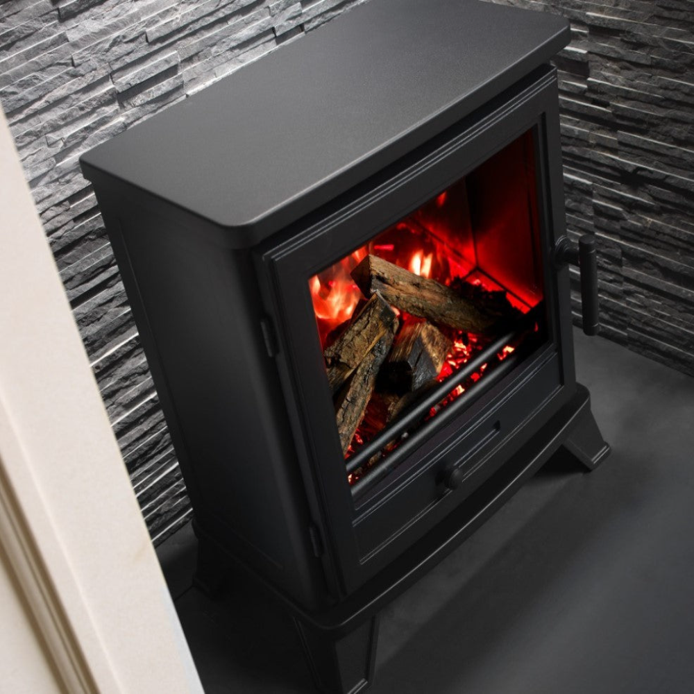 Penman Electric Stove Suite, Log Stove, Log Box and 90° Decorative Flue Pipe