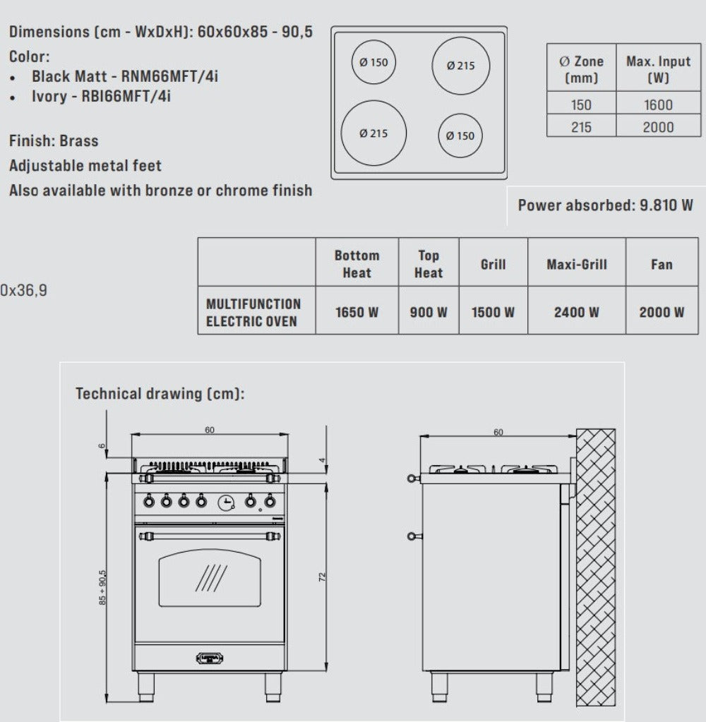 Lofra Dolcevita RNM66MFT/4I Electric Induction Range Cooker 60cm Dimensions