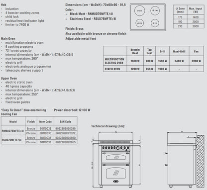 Lofra Dolcevita RMN UD76 MFTE/4I 70 Induction Range Cooker 70cm Specs