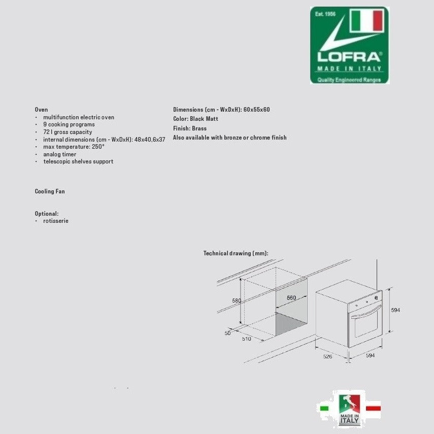 Dimensions of the LOFRA Dolcevita 60 FRNM-69ee 60cm Built In Electric Multi Function Single Oven Black