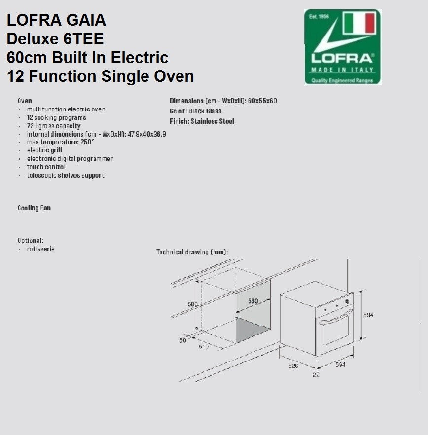 Lofra Gemma FQS 6TEE Touch Control Built In Multi Function Electric Single Oven 60cm Specs