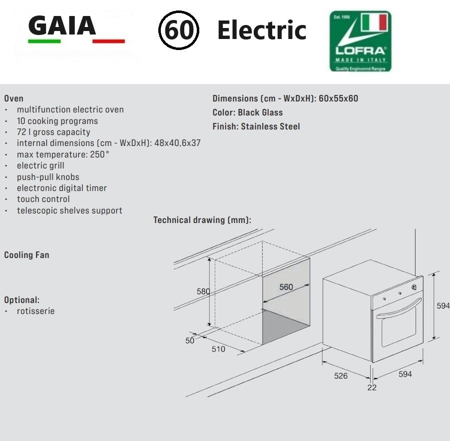 Dimensions and Spec on LOFRA Gaia 69ee FOS Stainless Steel Built In Electric Multi Function Single Oven 60cm