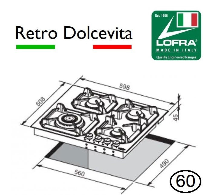 LOFRA DOLCEVITA 60cm 4 BURNER RETRO GAS HOB  DIMENSIONS