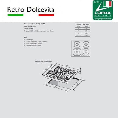 LOFRA DOLCEVITA 60cm 4 BURNER RETRO GAS HOB  DIMENSIONS