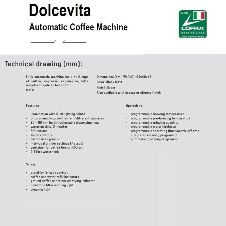 Product Specs on Lofra Dolcevita 60 Stainless Steel Italian Integrated Built In Coffee Machine YRS66T 60cm