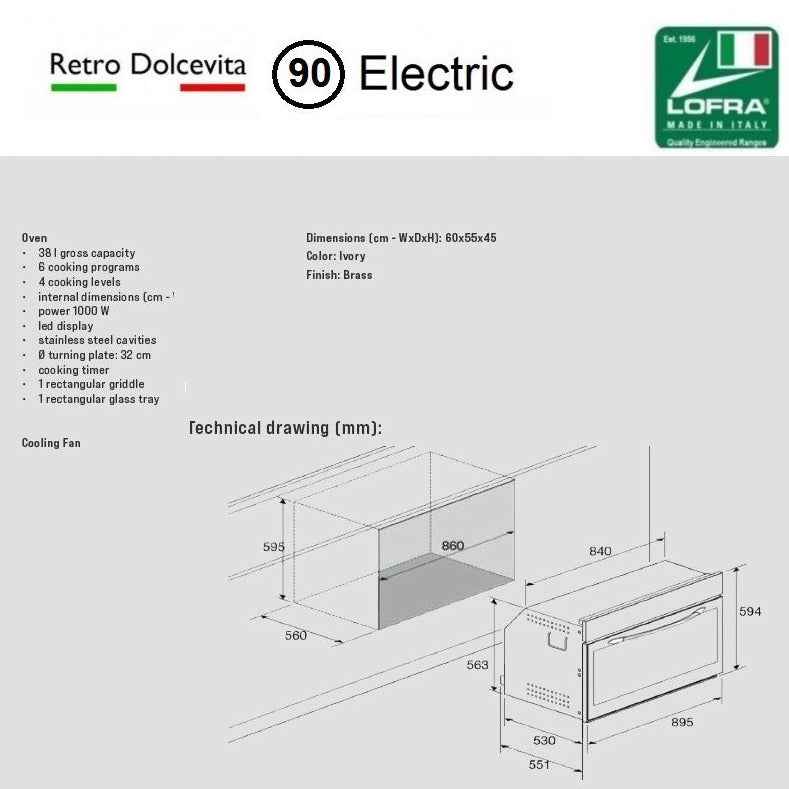 Specs and Dimensions of LOFRA Dolcevita FR-99ee 90cm Wide Built In Electric Multi Function Single Oven