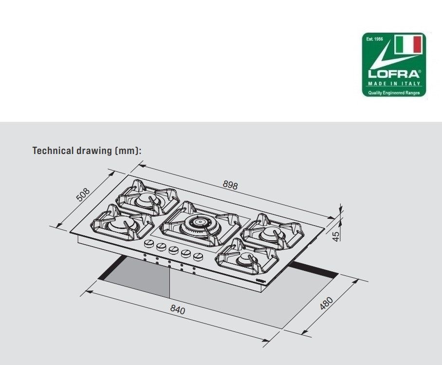 Lofra Dolcevita 90 HRBI9AO Retro Cream 5 Burner Low Profile Gas Hob 90cm Dimensions