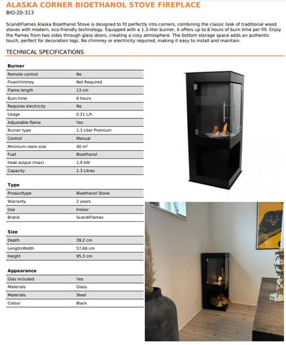 Scandi-Flame Alaska Bioethanol Corner Stove with Double Doors