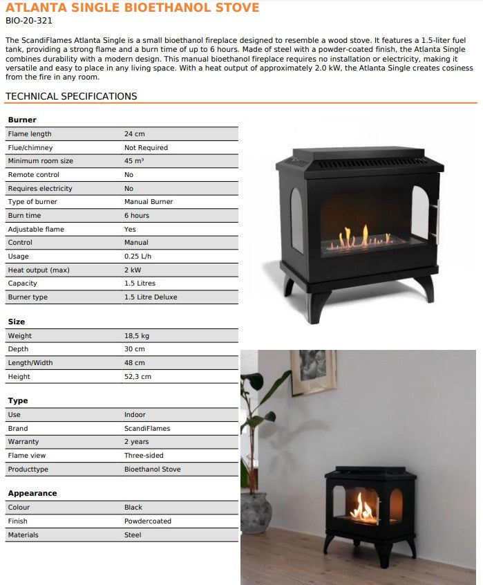 Scandi-Flame Atlanta Bioethanol Traditional Styled Stove