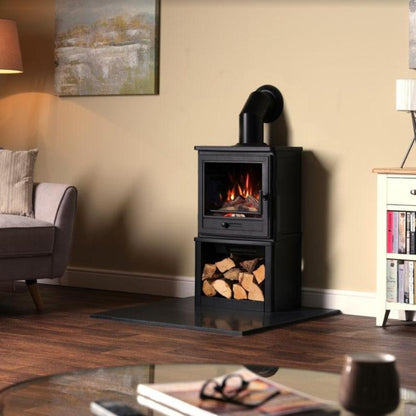 Penman Electric Stove Suite, Log Stove, Log Box and 90° Decorative Flue Pipe