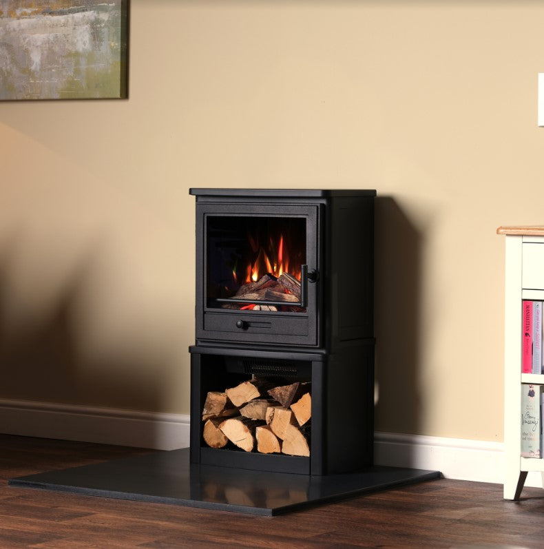 Penman Electric Stove Suite, Log Stove, Log Box and 90° Decorative Flue Pipe