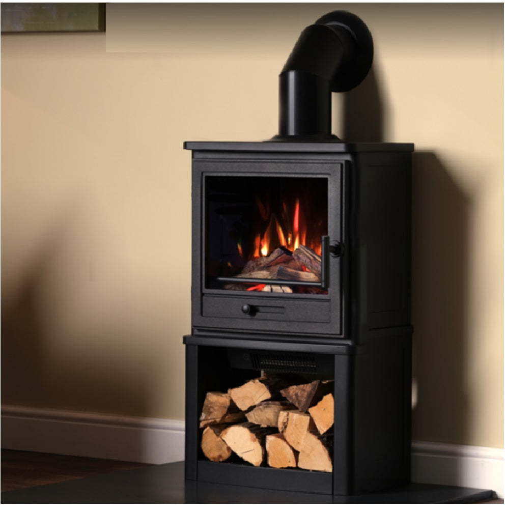 Penman Electric Stove Suite, Log Stove, Log Box and 90° Decorative Flue Pipe