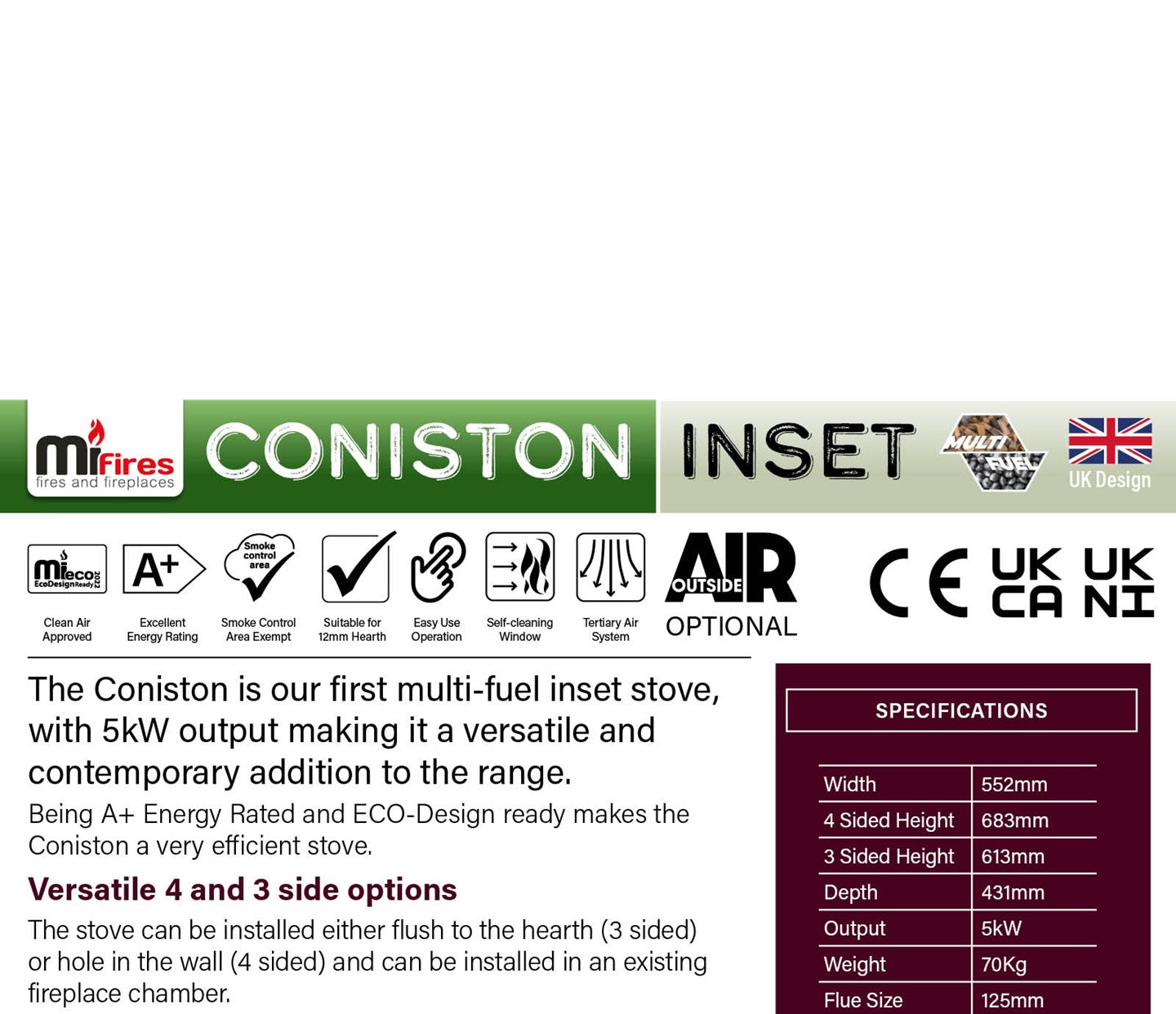 Mi-Flue Coniston 5 kw Multi-Fuel Solid Fuel Cassette Inset Stove & Flue Kit Bundle