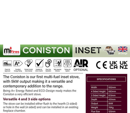 Mi-Flue Coniston 5 kw Multi-Fuel Solid Fuel Cassette Inset Stove & Flue Kit Bundle