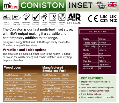 Mi-Flue Coniston 5 kw Multi-Fuel Solid Fuel Cassette Inset Stove & Flue Kit Bundle