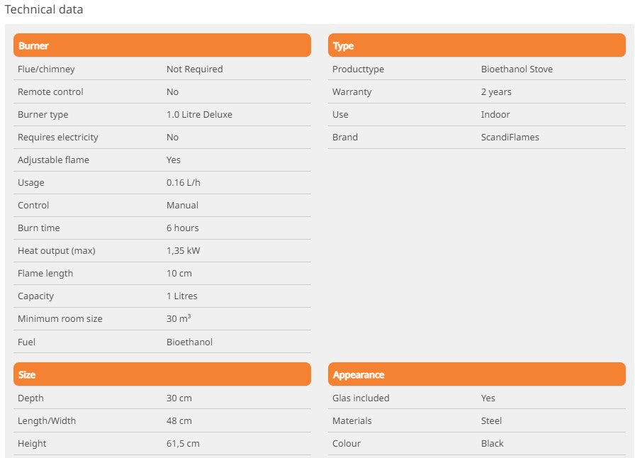 Scandi-FLAME Carson Compact Bioethanol Stove specs