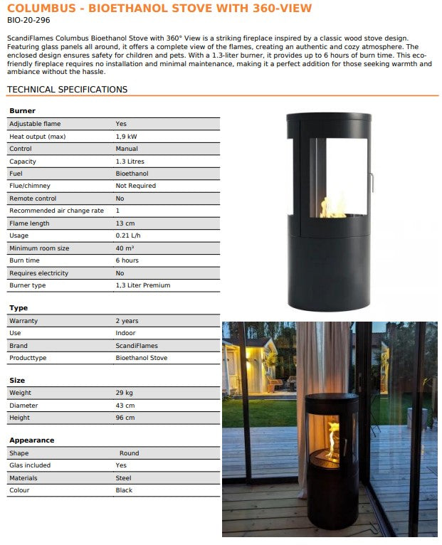 Scandi-Flame Columbas 360 Degree Cylindrical Bioethanol Stove