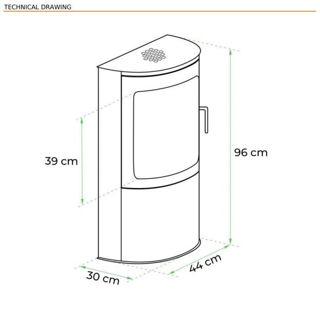 Scandi-Flame Richmond Semi Cylindrical Flat Backed Bioethanol Stove Dimensions