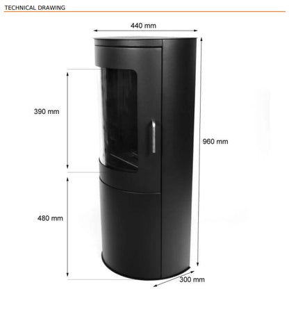 Scandi-Flame Richmond Semi Cylindrical Flat Backed Bioethanol Stove Dimensions