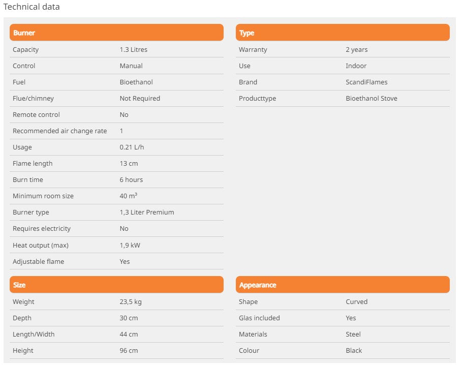 Scandi-Flame Richmond Semi Cylindrical Flat Backed Bioethanol Stove Specs sheet