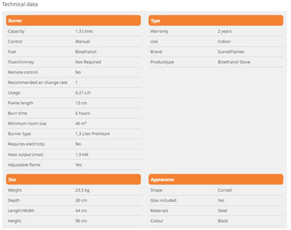 Scandi-Flame Richmond Semi Cylindrical Flat Backed Bioethanol Stove Specs sheet